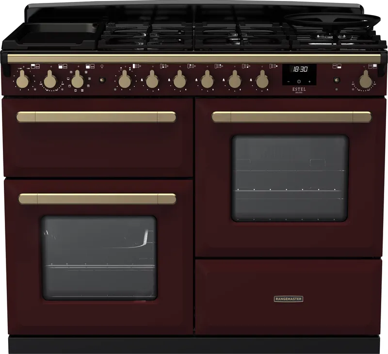 Rangemaster Estel Deluxe ESDLO110DFPBOR/AB1 110cm wide Dual Fuel Range Cooker with Gas Hob - Bordeaux / Antique Brass - A/A Rated, Red