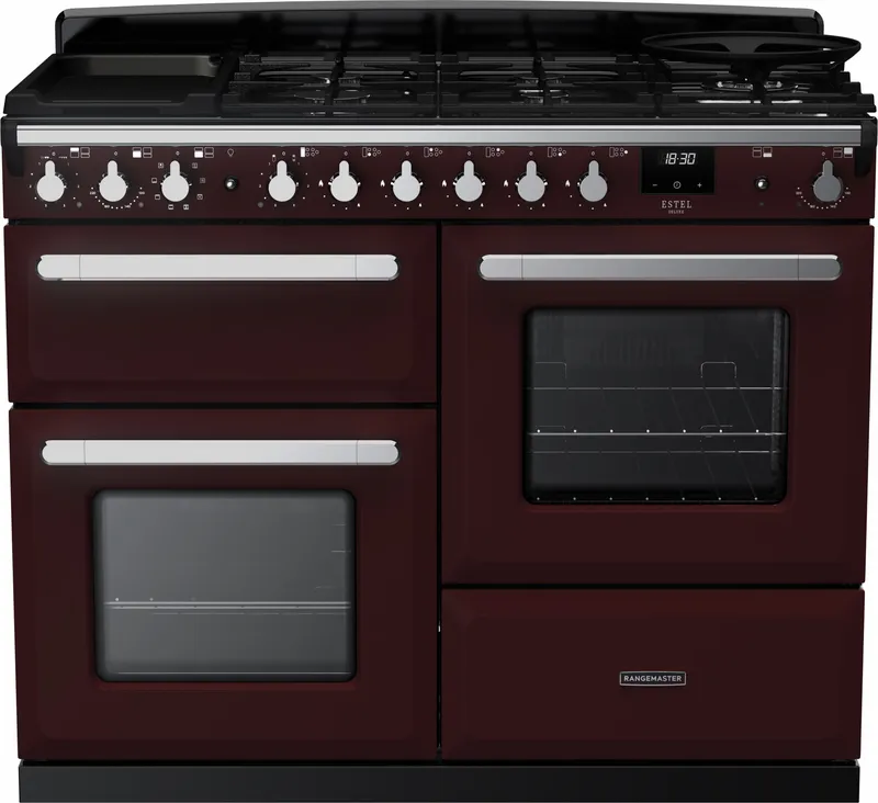 Rangemaster Estel Deluxe ESDLO110DFPBOR/CM1 110cm wide Dual Fuel Range Cooker with Gas Hob - Bordeaux / Chrome - A/A Rated, Red