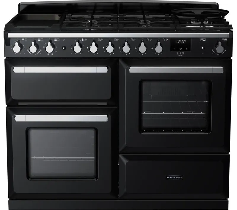 Rangemaster Estel Deluxe ESDLO110DFPGBL/CM1 110 cm Dual Fuel Range Cooker - Black & Chrome, Black