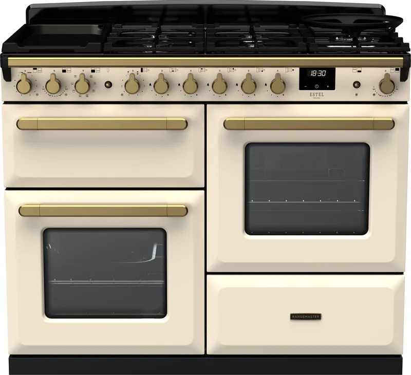 Rangemaster Estel Deluxe ESDLO110DFPPCR/AB1 110cm wide Dual Fuel Range Cooker with Gas Hob - Cream / Antique Brass - A/A Rated, Cream