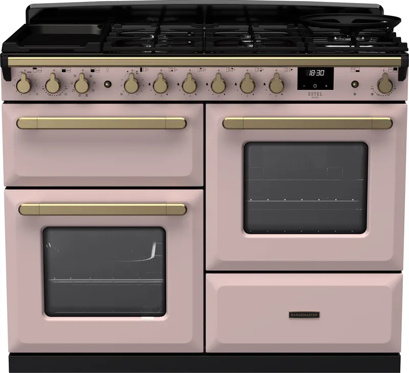 Rangemaster ESDLO110DFPPPK/AB1 Estel Deluxe OC 110cm Dual Fuel Range Cooker With Antique Brass Trim 18107 - Pale Pink