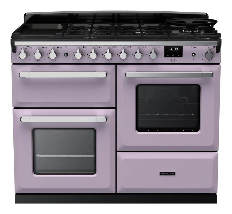 Rangemaster Estel Deluxe Offset Cavity ESDLO110DFPHTH/CM1 110cm Wide Heather Dual Fuel Freestanding Range Cooker - Chrome Trim