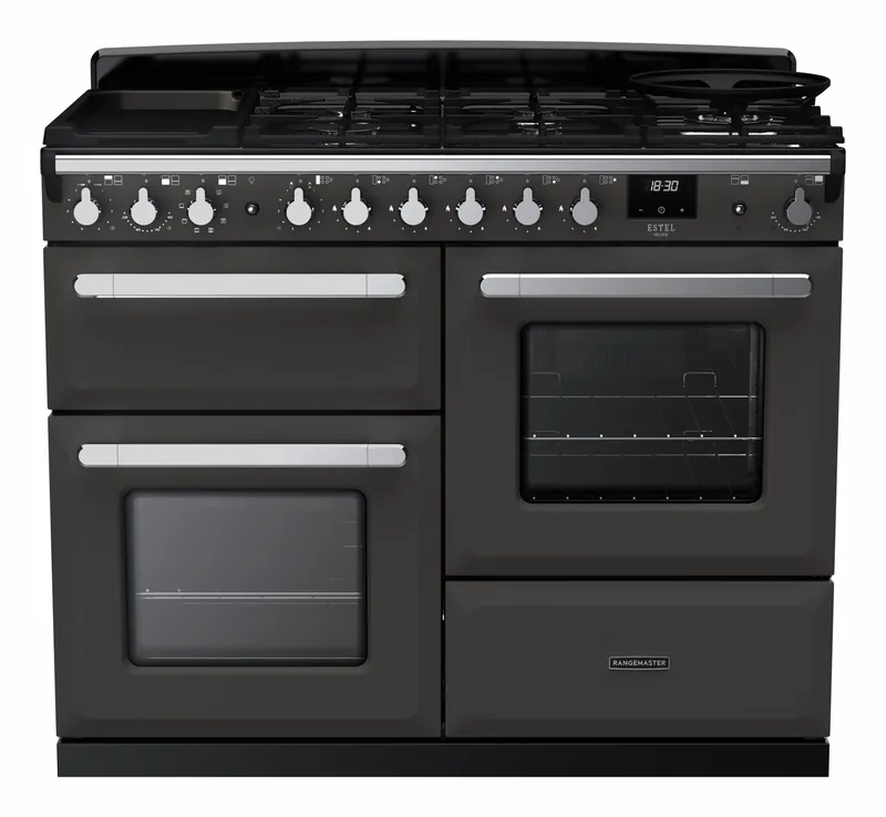 Rangemaster ESDLO110DFPSLT/CM1 Estel Deluxe OC 110cm Dual Fuel Range Cooker With Chrome Trim 15147 - Slate