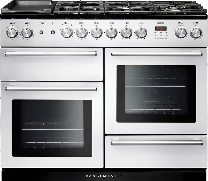 Rangemaster Nexus NEX110DFFWH/C 110cm wide Dual Fuel Range Cooker with Mixed Fuel Hob - White - A/A Rated, White