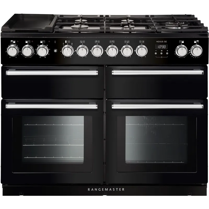 Rangemaster Nexus SE NEXSE110DFFBL/C 110cm wide Dual Fuel Range Cooker with Gas Hob - Black / Chrome - A/A Rated, Black