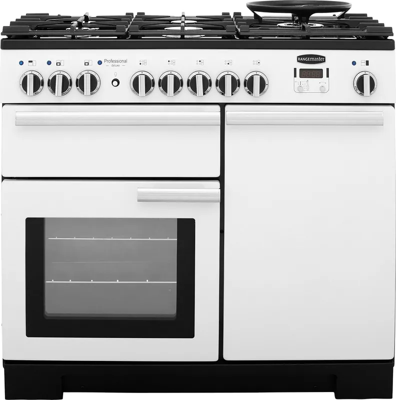 Rangemaster Professional Deluxe PDL100DFFWH/C 100cm wide Dual Fuel Range Cooker with Gas Hob - White - A/A Rated, White