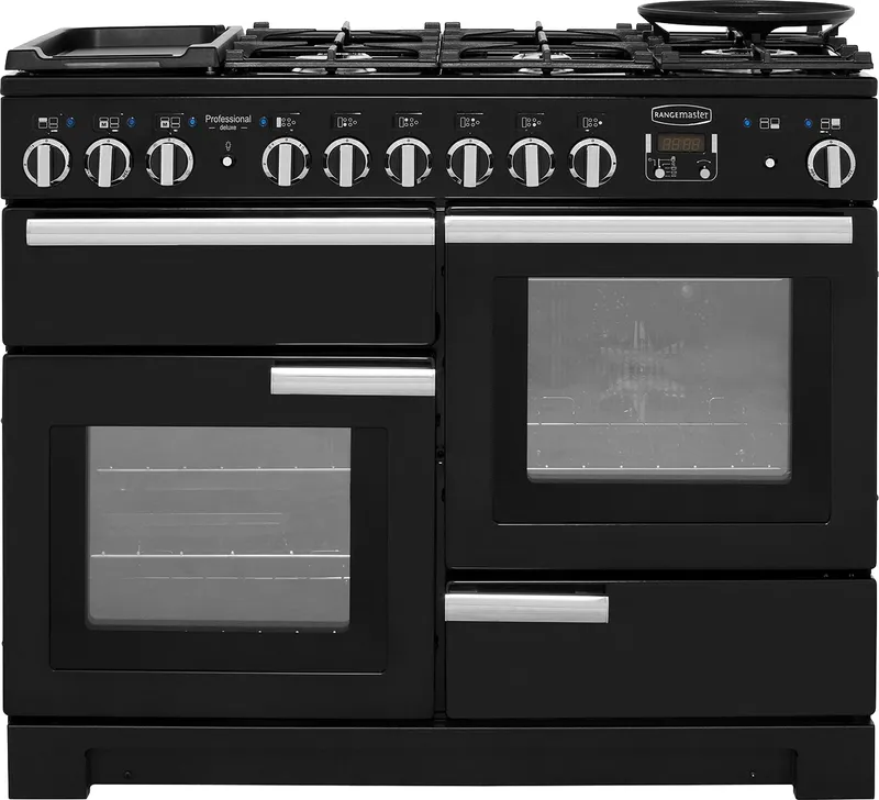 Rangemaster Professional Deluxe PDL110DFFGB/C 110cm wide Dual Fuel Range Cooker with Gas Hob - Black - A/A Rated, Black