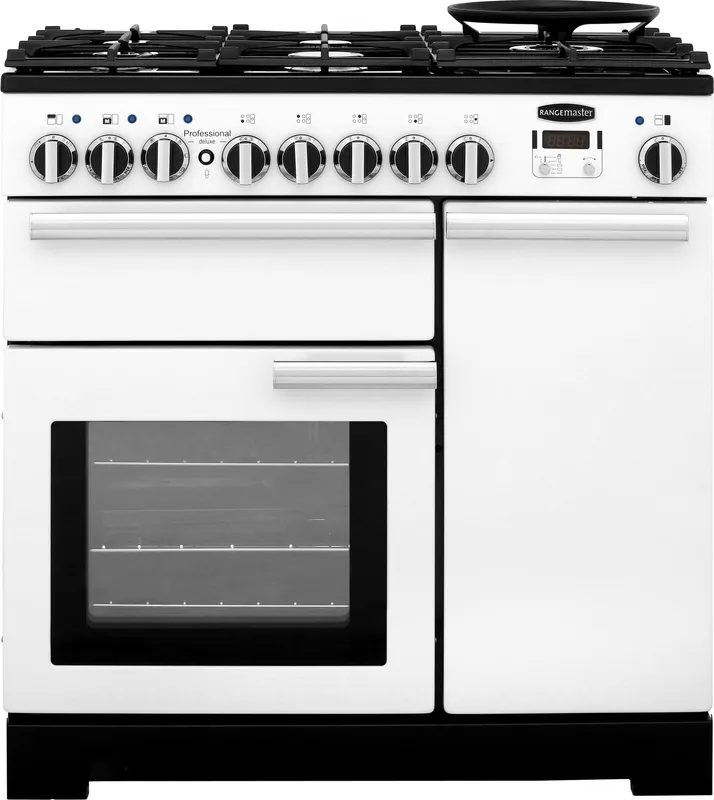 Rangemaster Professional Deluxe PDL90DFFWH/C 90cm wide Dual Fuel Range Cooker with Gas Hob - White - A/A Rated, White