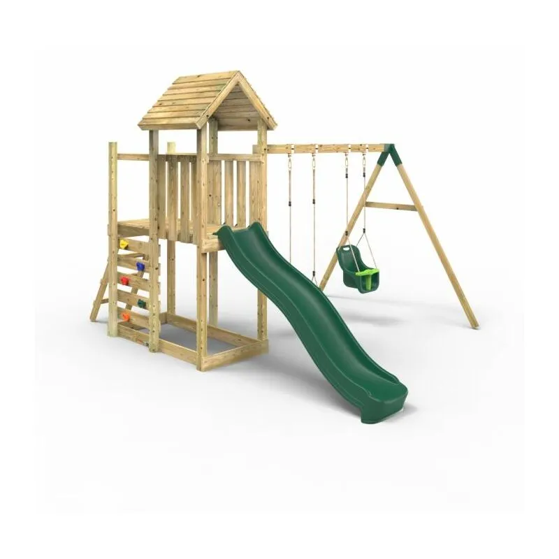 Rebo - Extended Tower Wooden Climbing Frame with Swings & Slide - Rainier