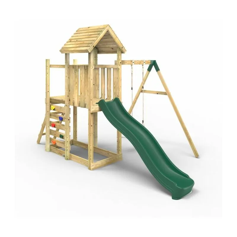 OutdoorToys Extended Tower Wooden Climbing Frame with Swings & Slide - Rushmore in Beige Beige