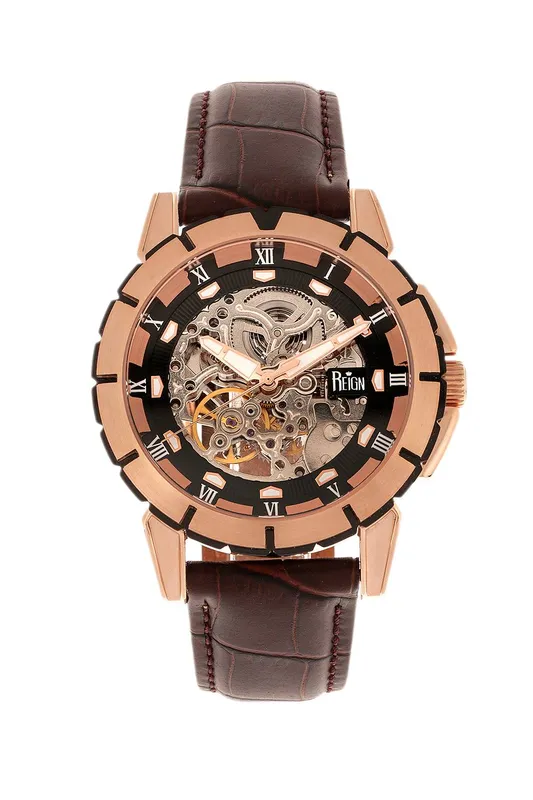 Reign Men's Philippe Automatic Skeleton Leather-Band Watch in Rose Gold Rose Gold One Size