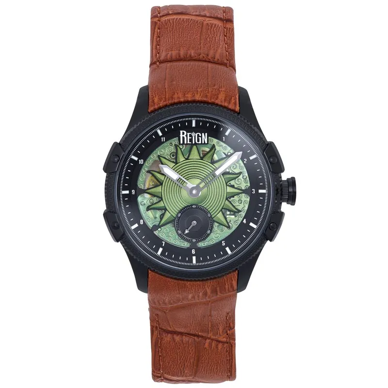 Reign Men's Solstice Automatic Semi-Skeleton Watch - Brown/Green in Brown Brown One Size