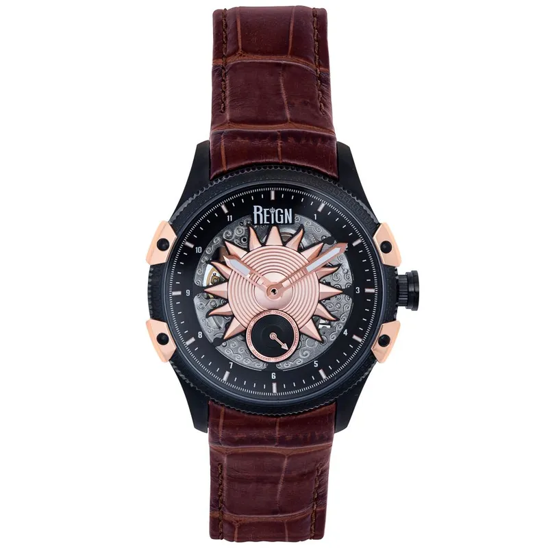 Reign Men's Solstice Automatic Semi-Skeleton Watch - Dark Brown/Rose Gold in Rose Gold Rose Gold One Size