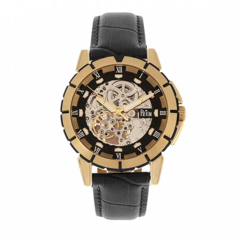 Reign Men's Philippe Automatic Skeleton Leather-Band Watch in Gold Gold