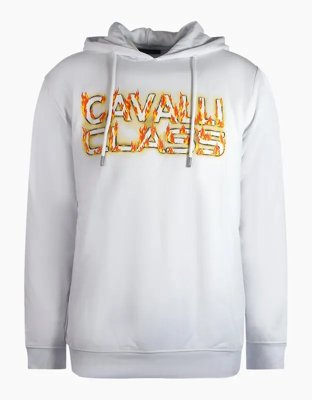 Roberto Cavalli Men's Cavalli Class Fire Logo White Hoodie - Size: 38
