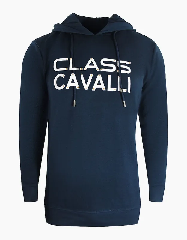 Cavalli Class Men's Reverse Logo Navy Blue Hoodie Size: Large Blue