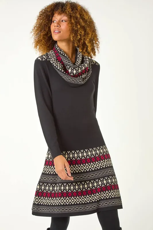 Roman Women's 2 in 1 Nordic Print Scarf Neck Knitted Dress in Red Size: 18 - Red