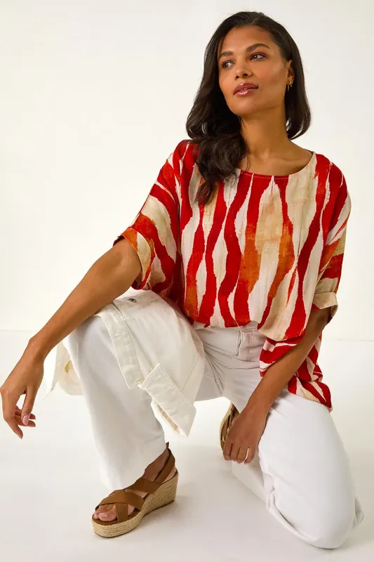 Roman Women's Abstract Buttoned Top in Red Size: 14 Red 14
