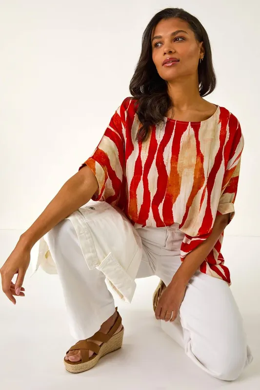 Roman Women's Abstract Buttoned Top in Red Size: 16 Red 16
