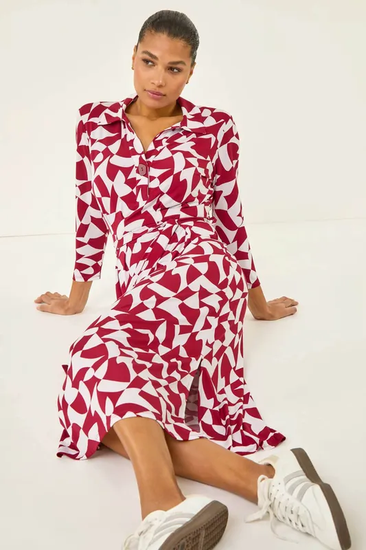 Roman Women's Abstract Geometric Shirt Dress in Red Size: 20 Red female