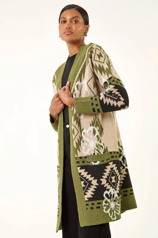 Roman Women's Abstract Jacquard Knit Cardigan in Olive Size: 10 Olive 10 female