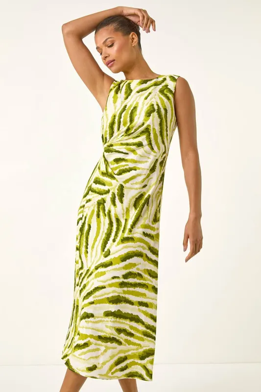 Roman Women's Abstract Side Pleat Midi Dress in Green Size: 20 Green