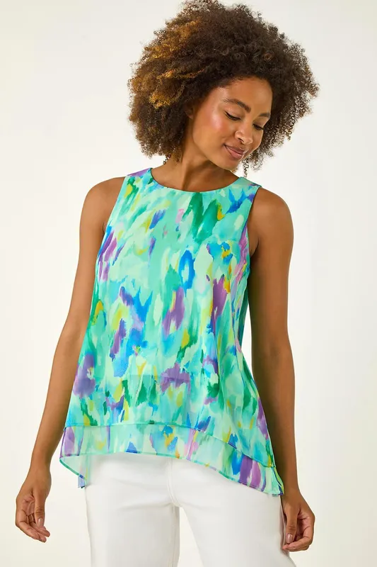 Roman Women's Blurred Double Layered Vest Top in Green Size: 10 Green 10