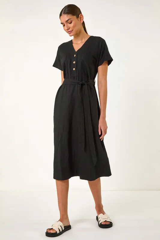 Roman Women's Button Linen Mix Midi Dress in Black Size: 18 Black 18