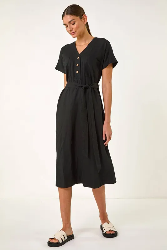 Roman Women's Button Linen Mix Midi Dress in Black Size: 20 - Black - Size: 20