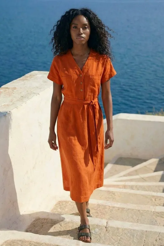 Roman Women's Button Linen Mix Midi Dress in Orange Size: 16 - Orange