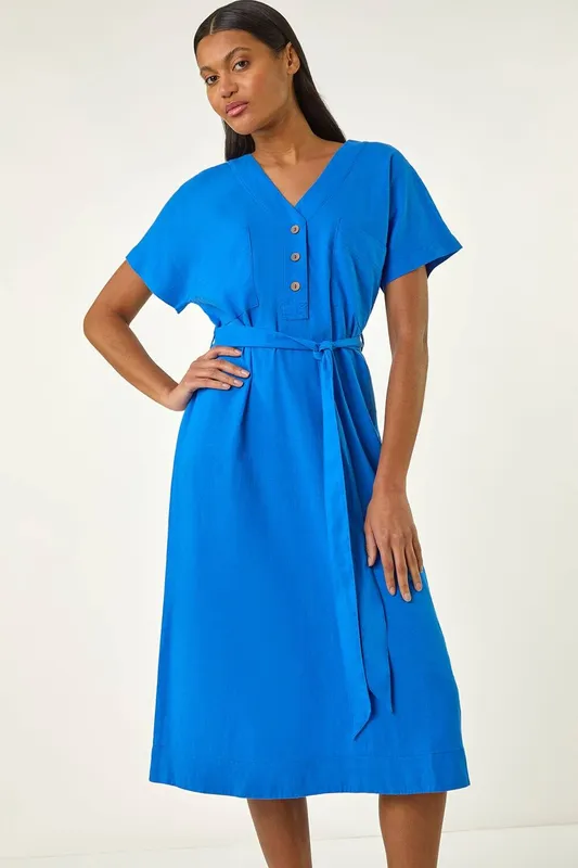 Roman Women's Button Linen Mix Midi Dress in Royal Size: 20 - Royal