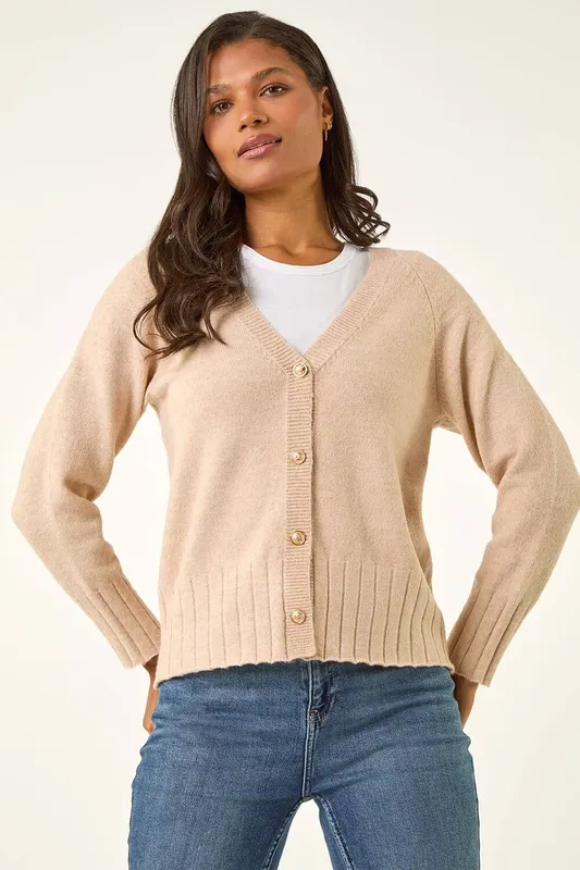 Roman Women's Buttoned Soft Knit Cardigan Sweater in Beige Size: 18 - Beige