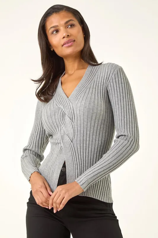 Roman Women's Cable Split Detail Rib Jumper in Grey Size: 20 - Grey
