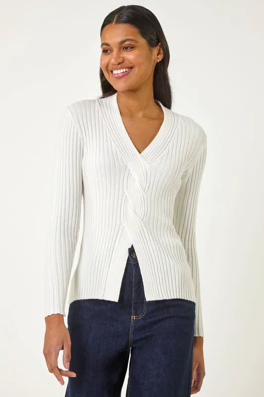 Roman Women's Cable Split Detail Rib Jumper in Ivory Size: 16 - Ivory