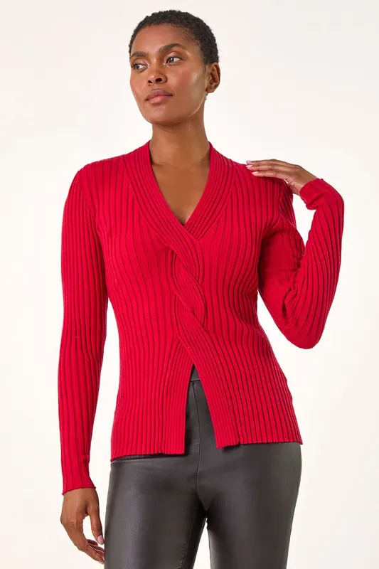 Roman Women's Cable Split Detail Rib Jumper in Red Size: 18 - Red