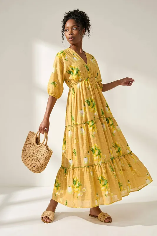 Roman Women's Citrus Print Boho Maxi Dress in Yellow Size: 14 Yellow 14