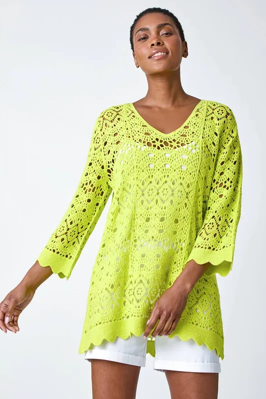 Roman Women's Cotton Crochet Tunic Top in Lime Size: 20 Lime 20