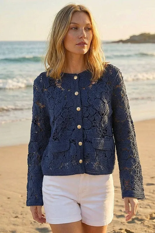 Roman Women's Crochet Knit Jacket in Navy Size: Small - Navy