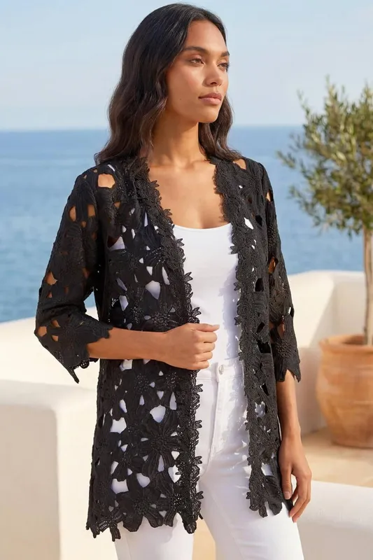 Roman Women's Crochet Lace Longline Jacket in Black Size: 18 - Black