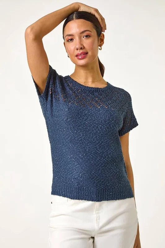 Roman Women's Crochet Mixed Knit Top in Navy Size: 20 - Navy