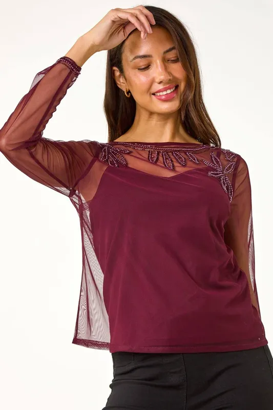 Roman Women's Embellished Sequin Mesh Top in Wine Size: 20 - Wine