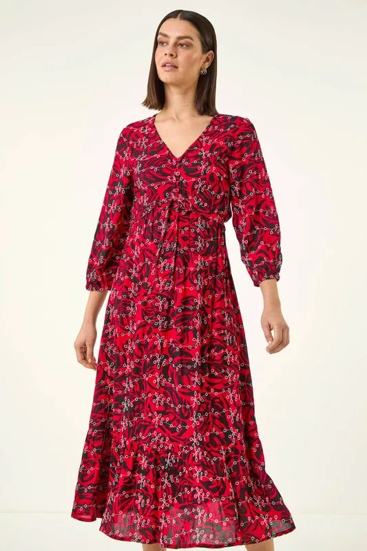 Roman Women's Embroidered Leaf Midi Dress in Red Size: 18 - Red