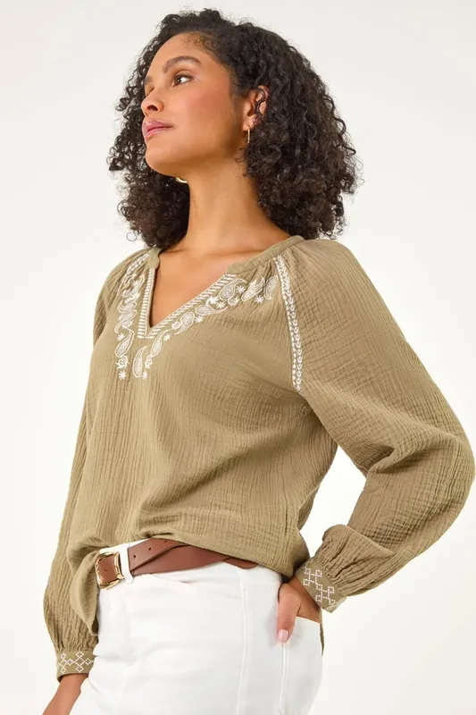 Roman Women's Embroidered Neck Top in Khaki Size: 18 - Khaki
