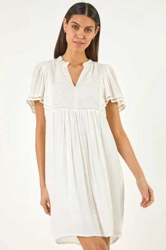 Roman Women's Embroidered V-Neck Dress in White Size: 14 - White