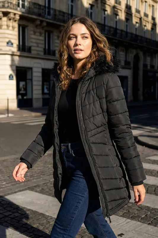 Roman Women's Faux Fur Hooded Quilt Coat in Black Size: 16 Black 16