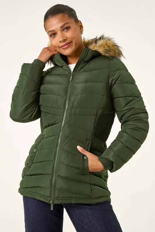 Roman Women's Faux Fur Hooded Quilt Coat in Khaki Size: 12 Khaki 12