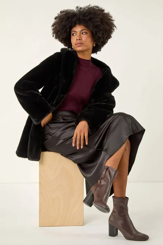 Roman Women's Faux Fur Longline Coat in Black Size: 18 Black