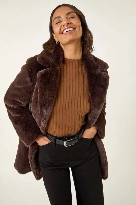 Roman Women's Faux Fur Longline Coat in Chocolate Size: 14 Chocolate