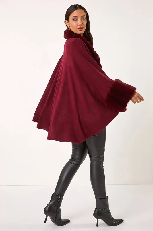Roman Women's Faux Fur Trim Knitted Poncho in Wine - Wine