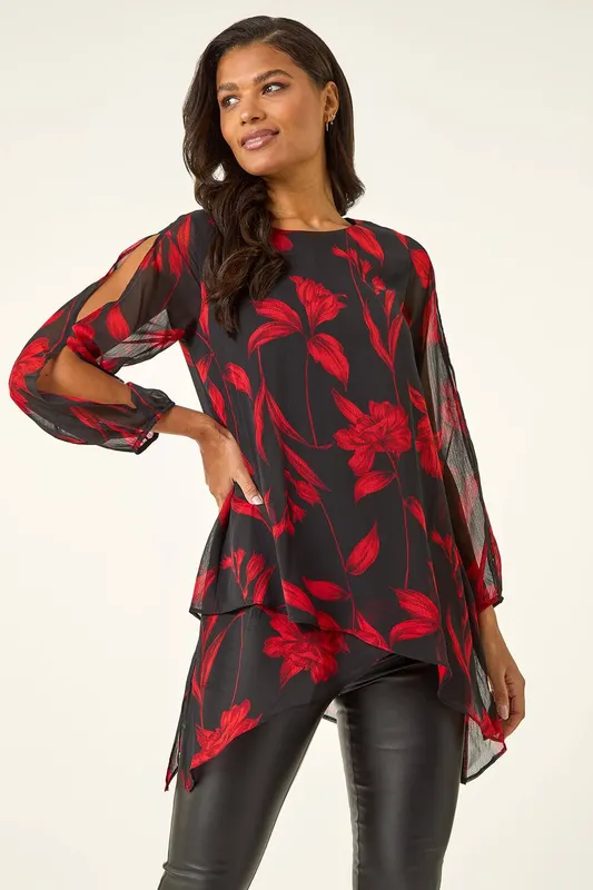 Roman Women's Floral Chiffon Layered Tunic Top in Red Size: 12 - Red